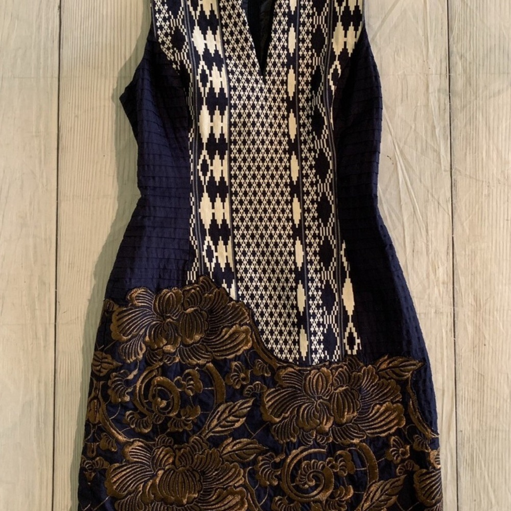Anthropologie Blue and Brown Sheath Mini Dress V-neck Sleeveless